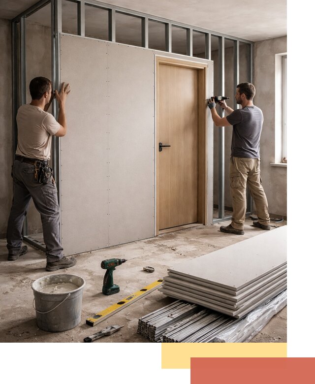 Перегородка из гипсокартона с дверью под ключ в Верхнем Уфалее