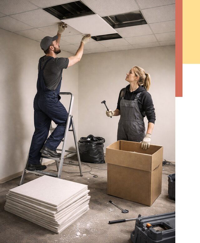 Демонтаж потолочной плитки в Верхнем Уфалее от 4605 руб. быстро и недорого | ОТДЕЛОЧНИК-Врф