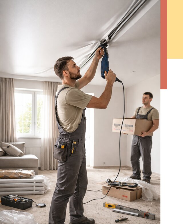 Монтаж сатинового натяжного потолка в Верхнем Уфалее от 3582 руб. | Быстро, недорого — ОТДЕЛОЧНИК-Врф