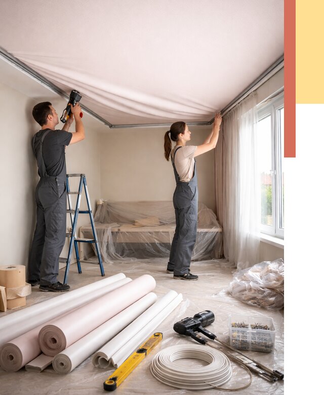 Монтаж цветного натяжного потолка в Верхнем Уфалее от 4298 руб/м² — быстро и недорого | ОТДЕЛОЧНИК-Врф