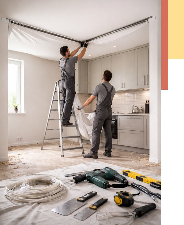 Установка натяжного потолка на кухне в Верхнем Уфалее от 2456 руб. | ОТДЕЛОЧНИК-Врф