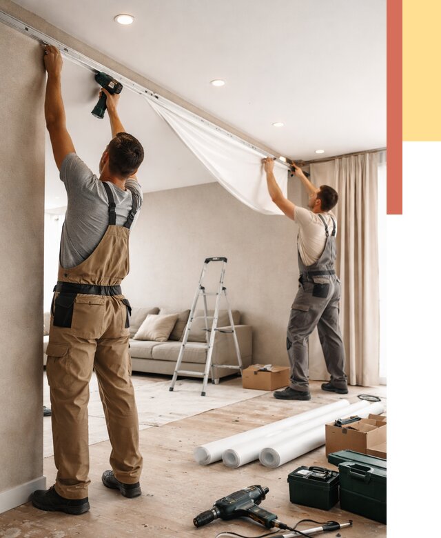 Монтаж натяжного потолка в гостиной в Верхнем Уфалее от 563 руб. | ОТДЕЛОЧНИК-Врф