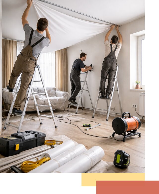 Монтаж натяжного потолка в гостиной в Верхнем Уфалее