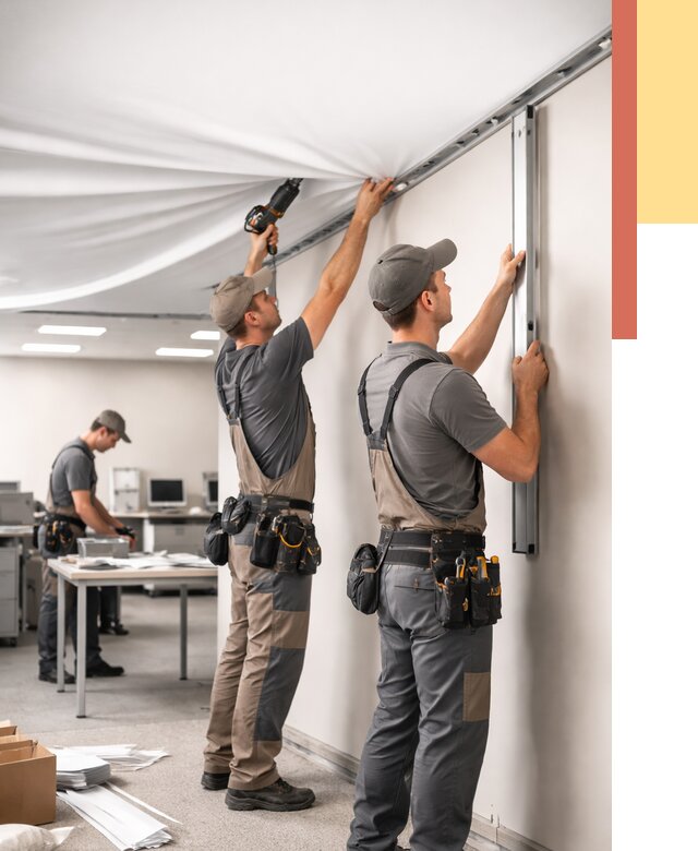 Монтаж натяжного потолка в офисе в Верхнем Уфалее от 461 руб/м² — быстро и недорого | ОТДЕЛОЧНИК-Врф