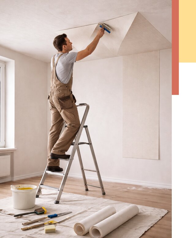 Поклейка обоев на потолок в Верхнем Уфалее от 4605 руб. быстро и недорого | ОТДЕЛОЧНИК-Врф